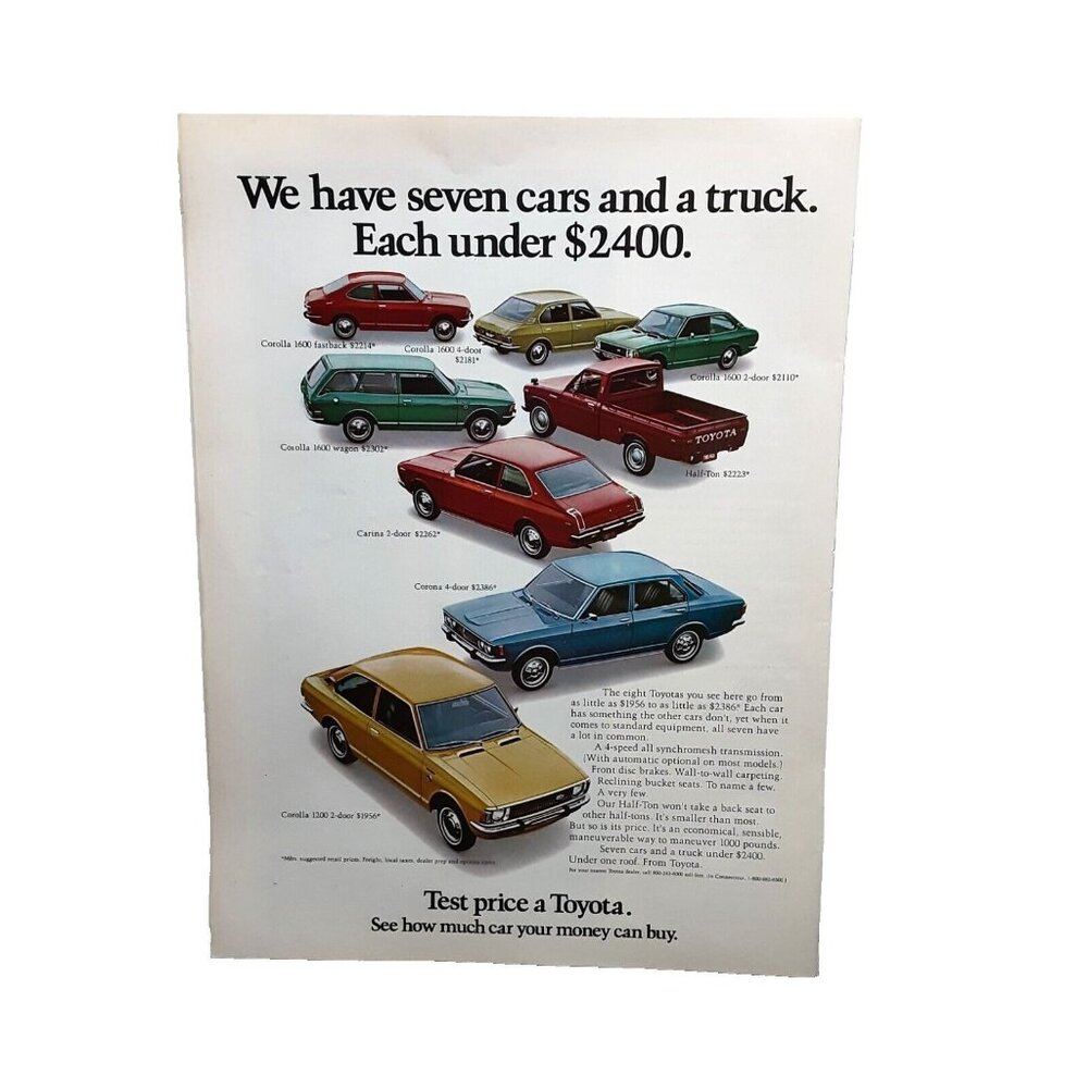 1972 Toyota Seven Cars And Trucks Corolla Half Ton Original Print ad 70s
